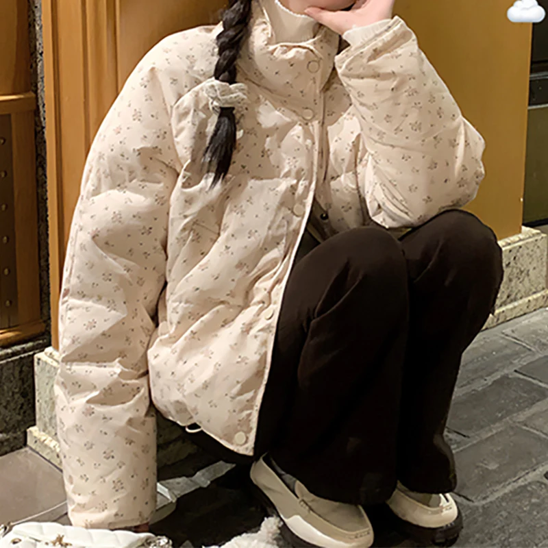 HELIAR Cappotto da donna in cotone caldo dolce stampato floreale Collo a lupetto Addensare Giacca imbottita in cotone a maniche lunghe Giacca casual da donna allentata