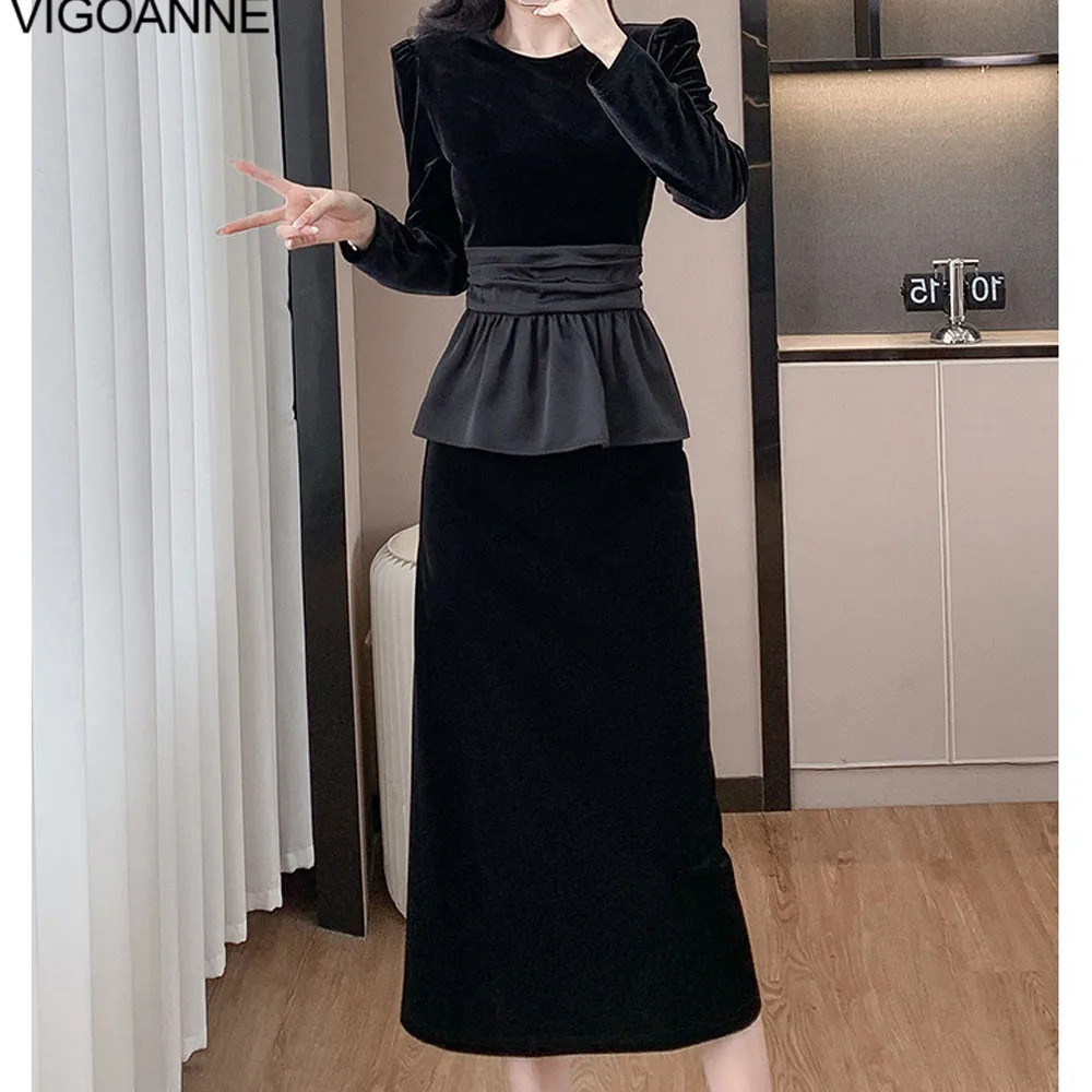 VigoAnne 2025 Solid Long Sleeve Top And High Waist Skirt 2 Piece Sets Woman Spring Autumn Korean Velvet Long Dress Suit Ladies