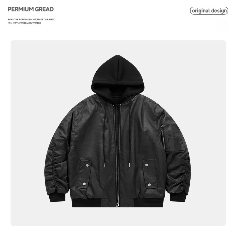 

Женская куртка свободного кроя из искусственной кожи и хлопка, в стиле High Street, с плиссированным дизайном, модная, брендовая, имитация двухслойного мотоциклетного жилета, с отложным воротником.