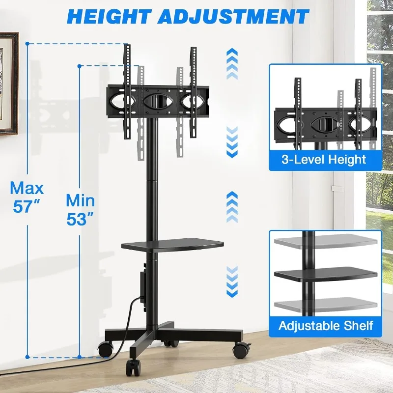 Mobile TV Cart with Power Outlet, Rolling TV stand for 23-60 Inch LCD LED OLED Flat Panel Curved Screen TVs up to 88 lbs