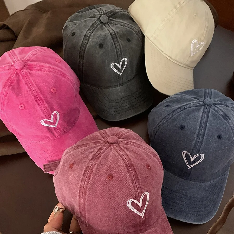 Fashionable Retro Washed Heart-Shaped Vintage Baseball Cap For Women Spring\Summer Soft Top Big Head Circumference Duckbill Cap