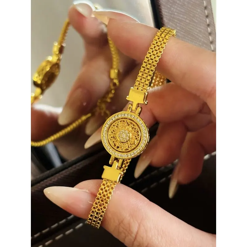 24k 999 gold bracelet vintage rotatable small dial bracelet watch for women, niche exquisite gold disc compass stylish fashion