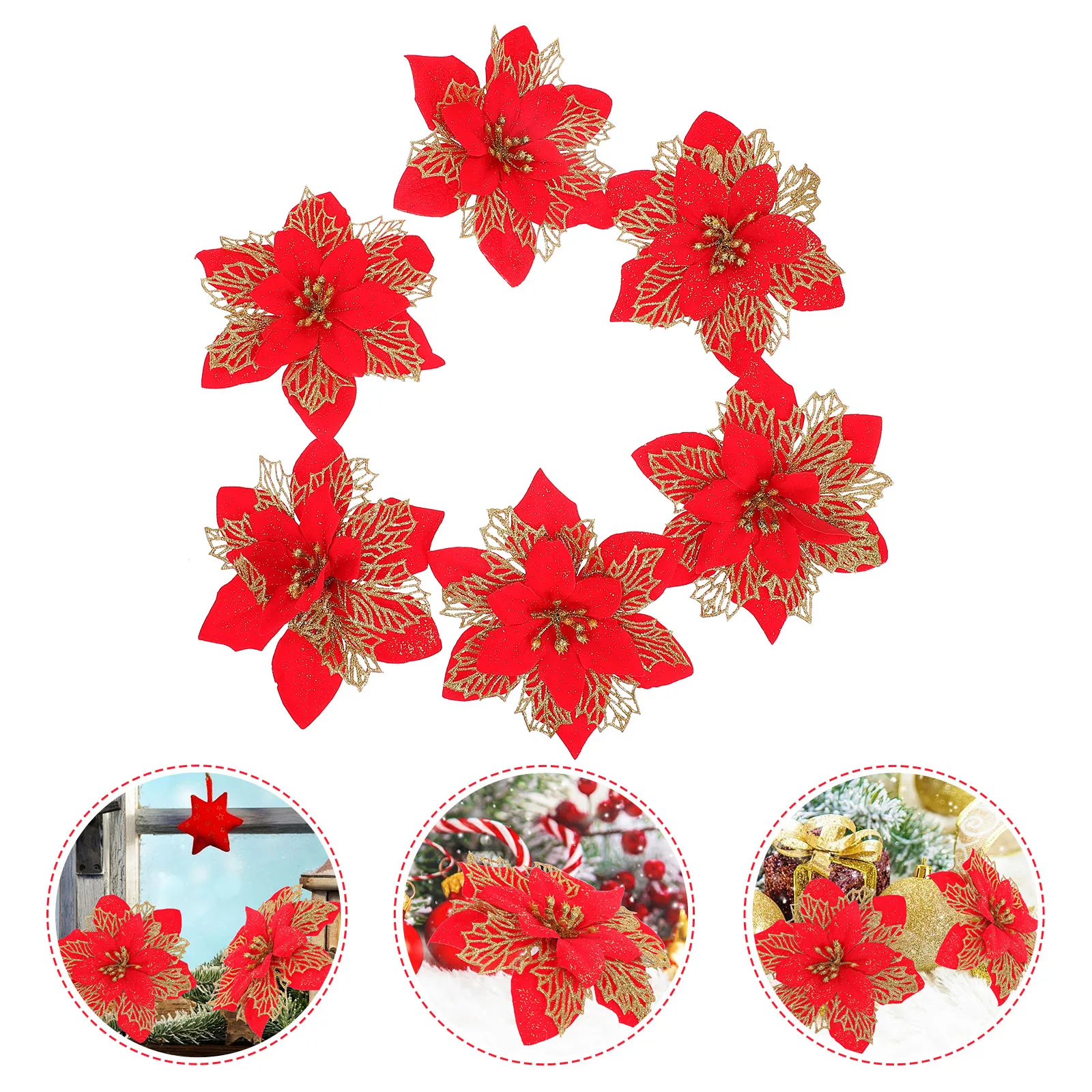 

10 Pcs Hollow Out Christmas Flower Artificial Flowers Decoration Gold Dust Tabletop Ornaments Party