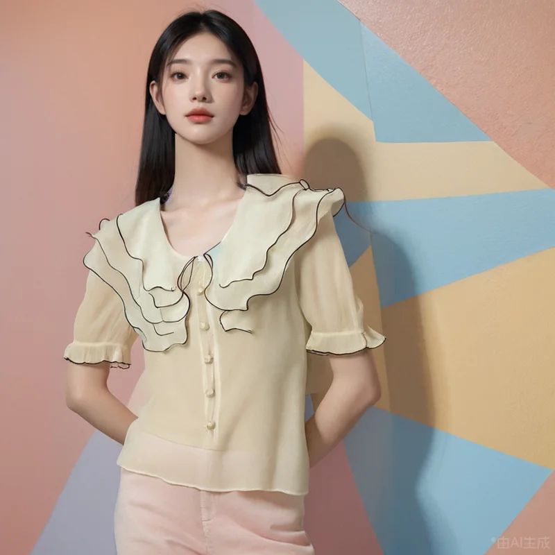 Women Blouse Luxury Puff Sleeve Short Sleeve Top Korean Fashion Style Loose Chic Sweet Peter Pan Collar Ruffle Neck Clothes