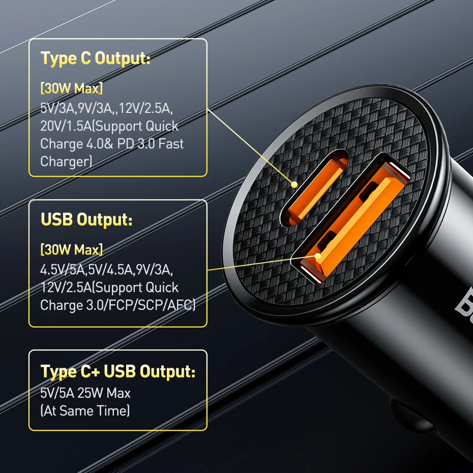 Baseus-Carregador de carro para Huawei, Xiaomi, iPhone 15, 14, 13, 12, Carregamento Rápido, Carregamento Rápido 4.0, 3.0 USB, Tipo-C, 30W