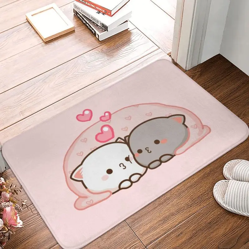 Personalized Cute Mochi Cat Peach And Goma Love Kiss Doormat Mat Anti-Slip Bathroom Kitchen Garden Rug Carpet 40*60cm