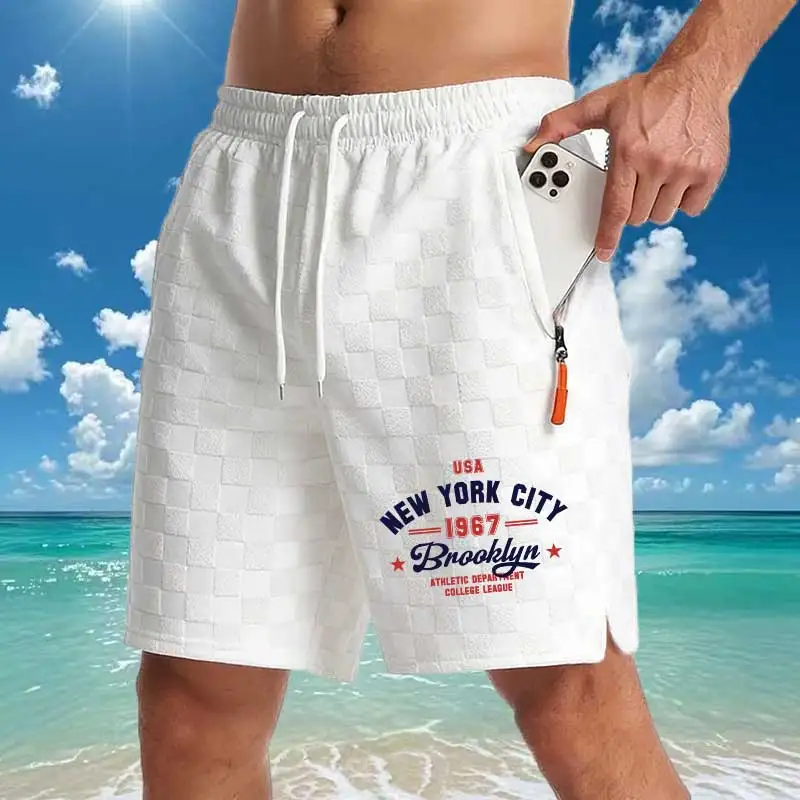 

Men's Letter Print Jacquard Checkered Shorts Summer Casual Shorts with Zipper Pocket Elastic Waist Beach Fitness Short Pants