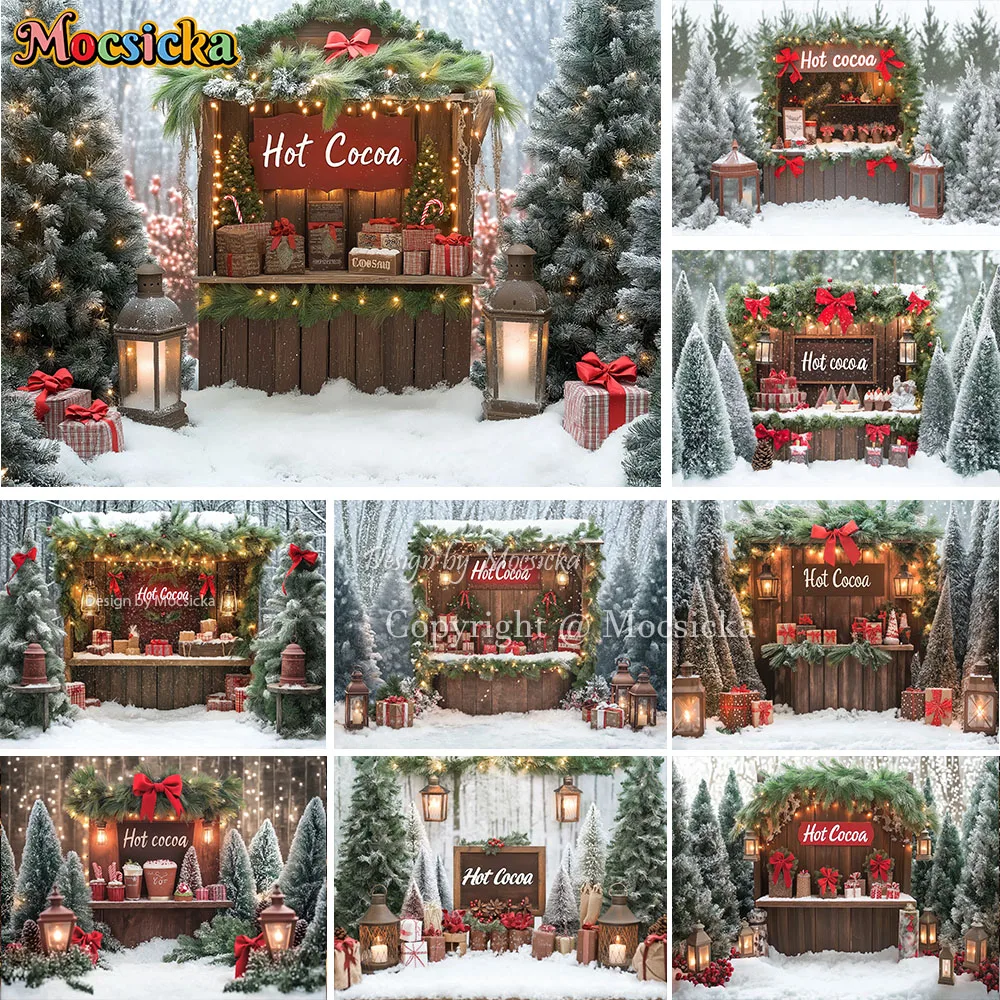 

Mocsicka Рождественская горячая какао-тележка фон для фотосъемки зима снежный сосновый лес замороженный фон Новый год дети уличная фото
