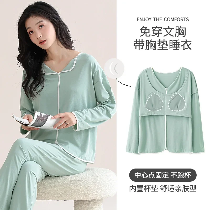 

2026 Spring Autumn Season Outdoor Wearable Women's Modal Sleepwear Long Sleeve Lapel Neck Home Clothes Set Pants with Chest Pad