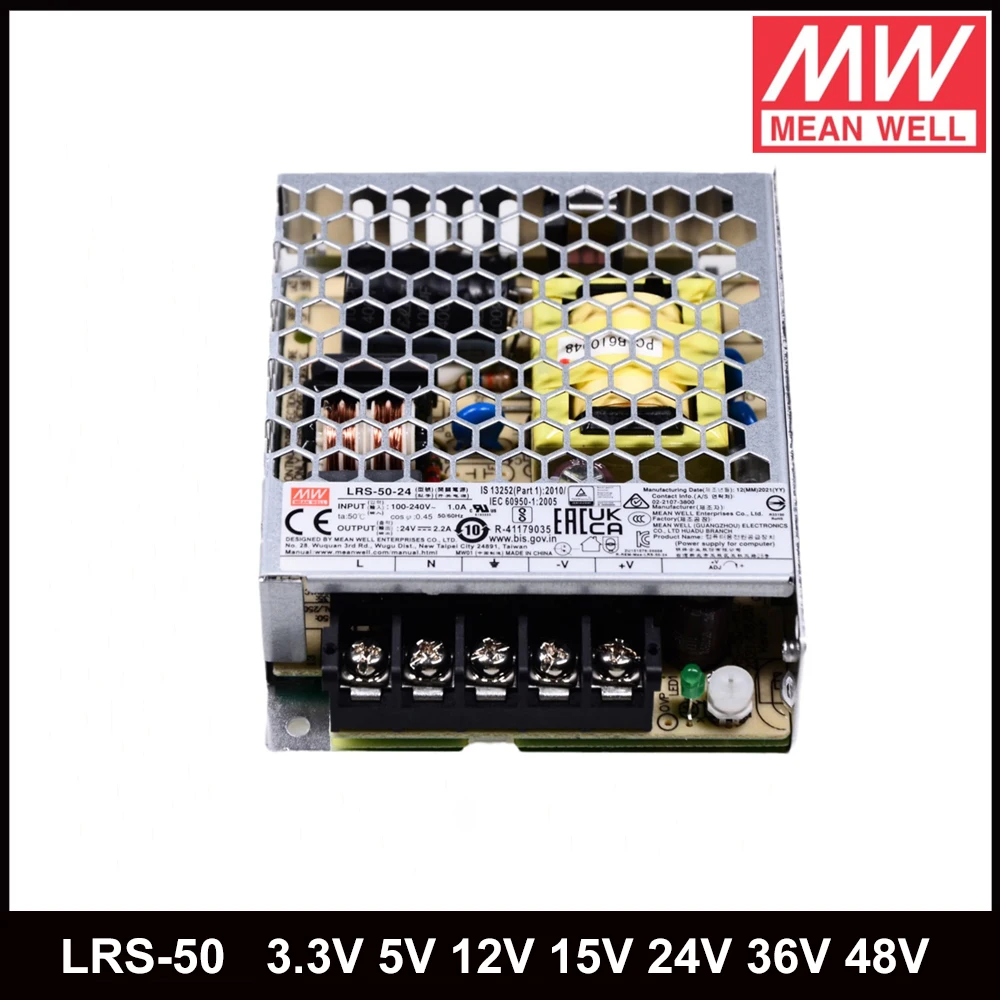 

Блок питания MEANWELL LRS-50 50Вт 3.3В/5В/12В/15В/24В/36В/48В, регулируемый, с одним выходом, широкий диапазон рабочих температур