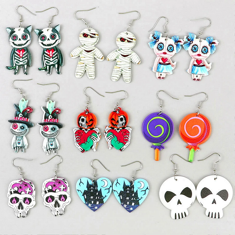 New Mummy Skeleton Cat Acrylic Halloween Earrings Gothic Bloody Skull Heart Lollipop Drop Earring All Saints' Day Jewelry Gifts