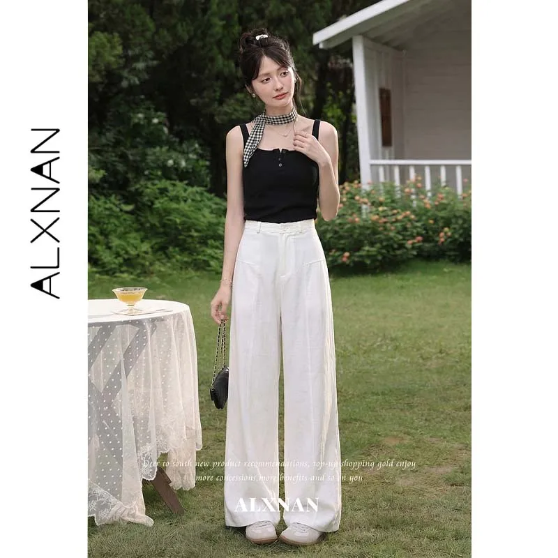 ALXNAN Off-white Linen Cotton Wide Leg Pants Women Summer High Waist Lace Spliced Trim Pleated Casual Long Trousers L65911A