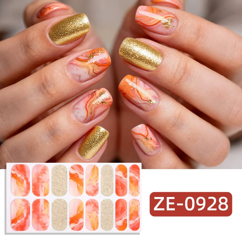 16Tips Scallion Powder Bronzing Maple Leaf Nail Oil Film Nail Sticker 3D Full Curing No-bake Gel Nail Wraps