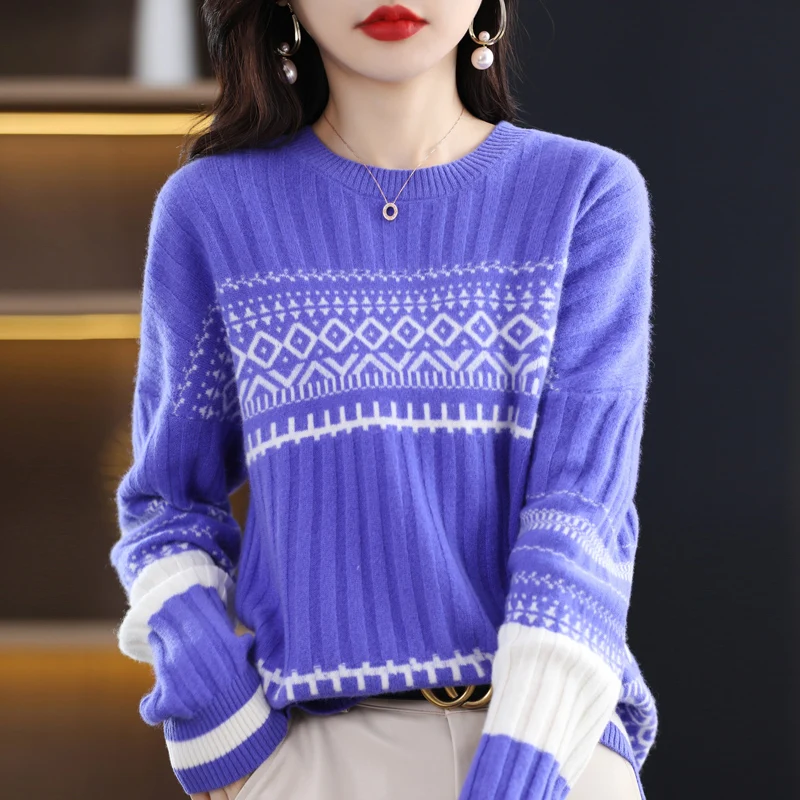 Autumn Winter Women 100% Merino Wool Sweater Casual O-neck Color Block Pullover Thickened Cashmere Retro Ethnic Knitwear Top