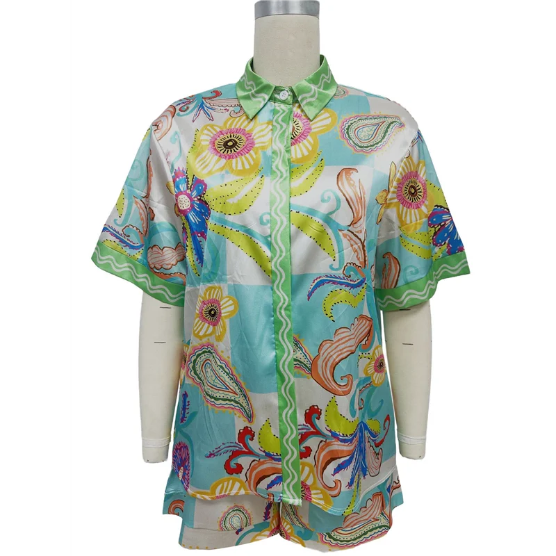 

【SEE】Women's 2 Piece Outfits Casual Floral Button Down Shirt Tops And Drawstring Shorts Summer Suit Sets
