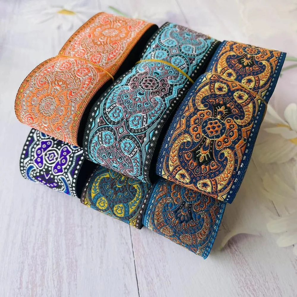 10yards/lots Woven Jacquard Ribbon width 5cm gold totem pattern in blue background LS-9794