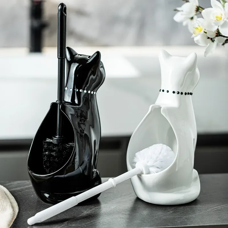Creative Black White Cat Animal Ceramic Toilet Brush Toilet Cleaning Tools Cartoon Animal Cat Toilet Brush Bathroom Accessories