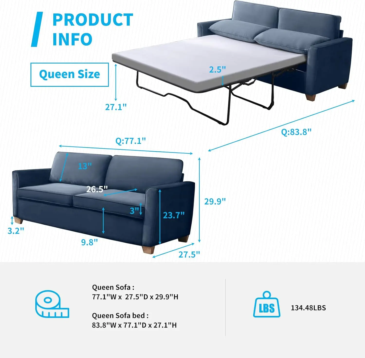 Mjkone 77 Inch Queen Size Pull Out Sofa Bed Sleeper With Folding Foam Mattress, 2-In-1 Velvet Sleepers Loveseat Sofas Couch