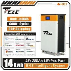 TEZE 48V 51V 14KWh 280AH LifePo4 Battery Pack PowerWall Built-in BMS System Rechargeable Cell Home Energy Storage EU NO TAX