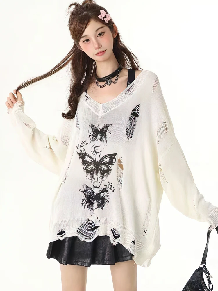 Y2k Hollow out Knit Oversize T shirt Women Long sleeve Off shoulder Top Sexy Basic Transparent Tees Baggy Vintage Ladies New view 4