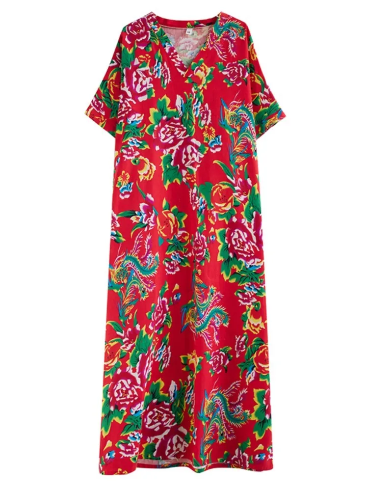 Übergroße V-Ausschnitt Sommer lange Robe Kleid Frauen lose Rüschen plissierte Damen Kleider Blume Blumen druck Mode Frau Kleid