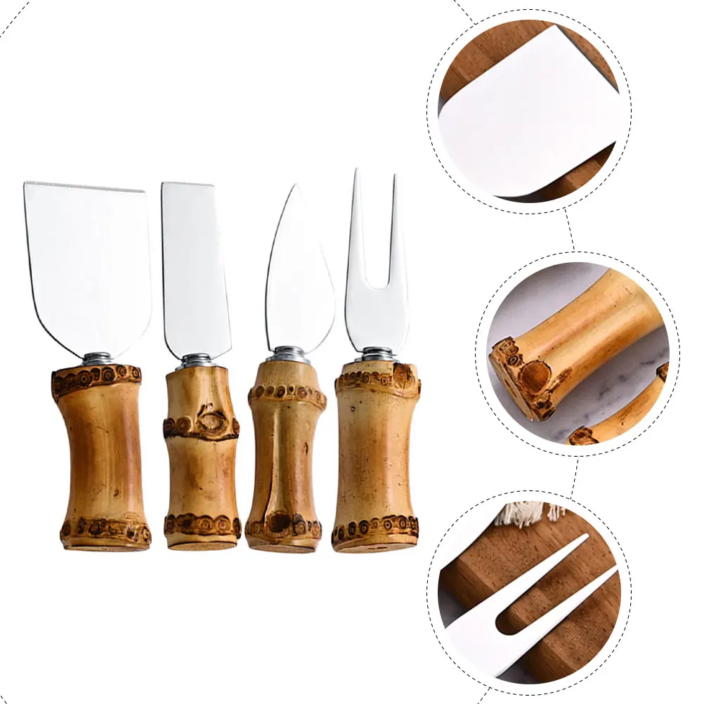 

1 set Bamboo Handle Cheese Knife Set Stainless Steel Slicer Rust Resistant Multi-Function Kitchen Tool for Cake Butter Cream