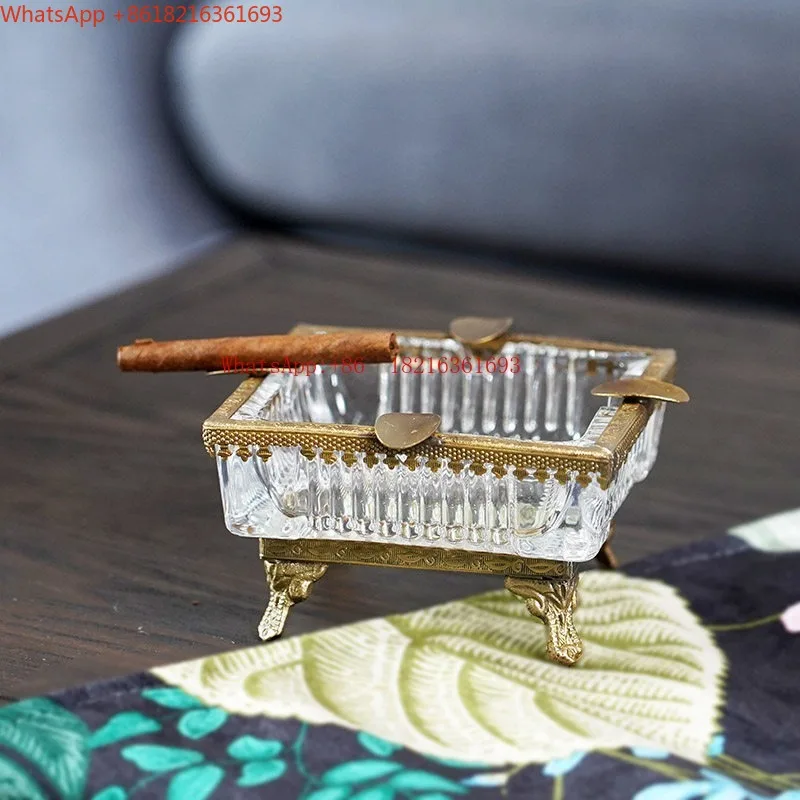 European Retro Brass Tall Luxury Ashtray Imported Copper Edge Glass Living Room Ashtray