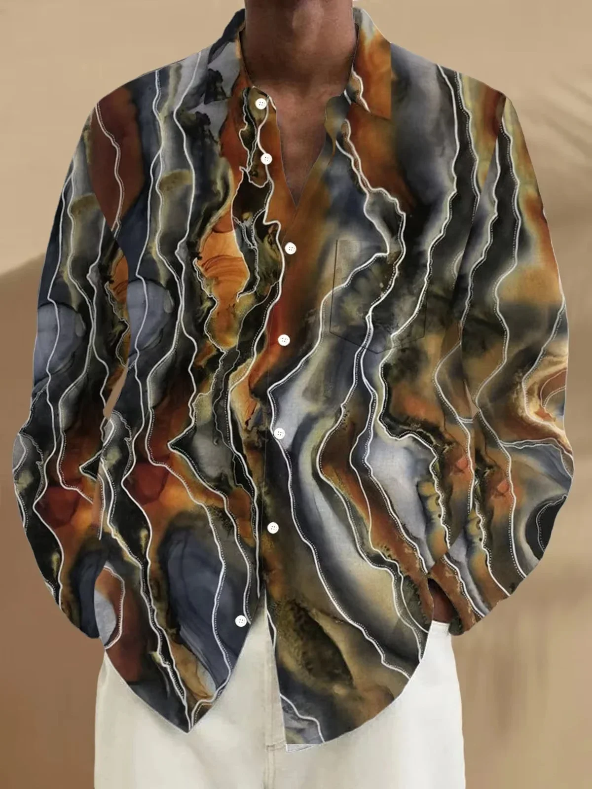 Men's Retro Geometric Graffiti Shirt 3D Digital Printi Fashion Statement Plaid Shirt Retro Print Long Sleeve Button Lapel Luxury