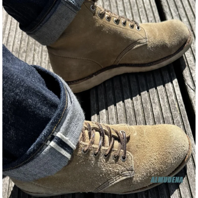 Beige Faux Suede Lace-Up Work Boots Men's Round Toe Vintage Style Non-Slip Outdoor Casual Comfortable Hiking Ankle Boots