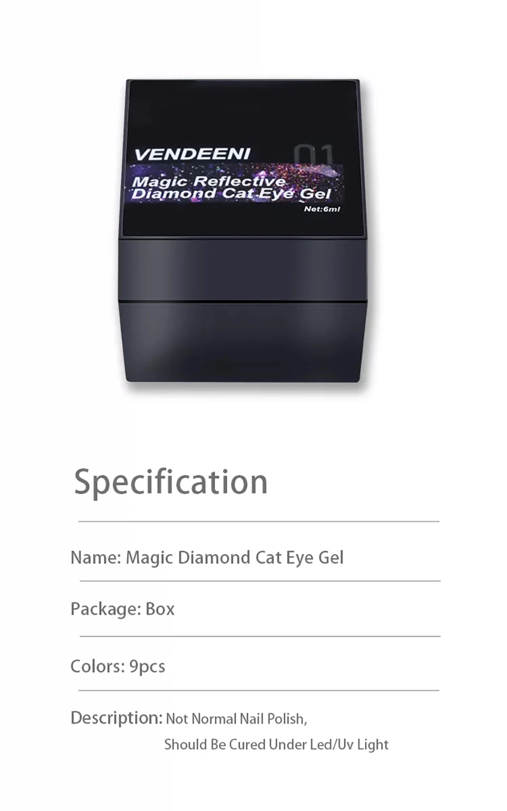 Vendeeni 9 Farben/Set Glitzernder Laser-Katzenaugen-Gel-Nagellack mit Diamant-Effekt, Glänzender Galaxy Magnetischer UV-Soak-Off Gel-Lack – Detail 9