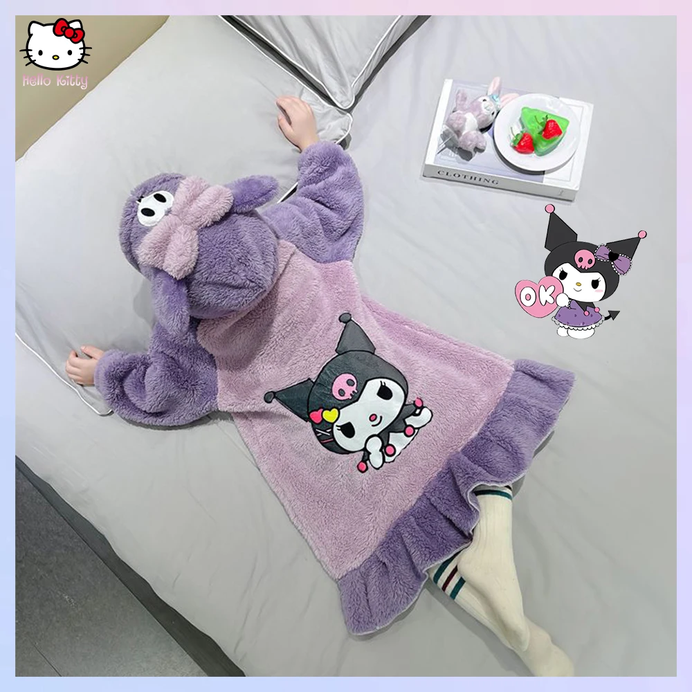 

Anime Sanrioes Kuromi Cinnamoroll Children's Pajamas Robe Flannel Bathrobe Nightgown Kawaii Girls Soft Plushie Sleepwear Korea