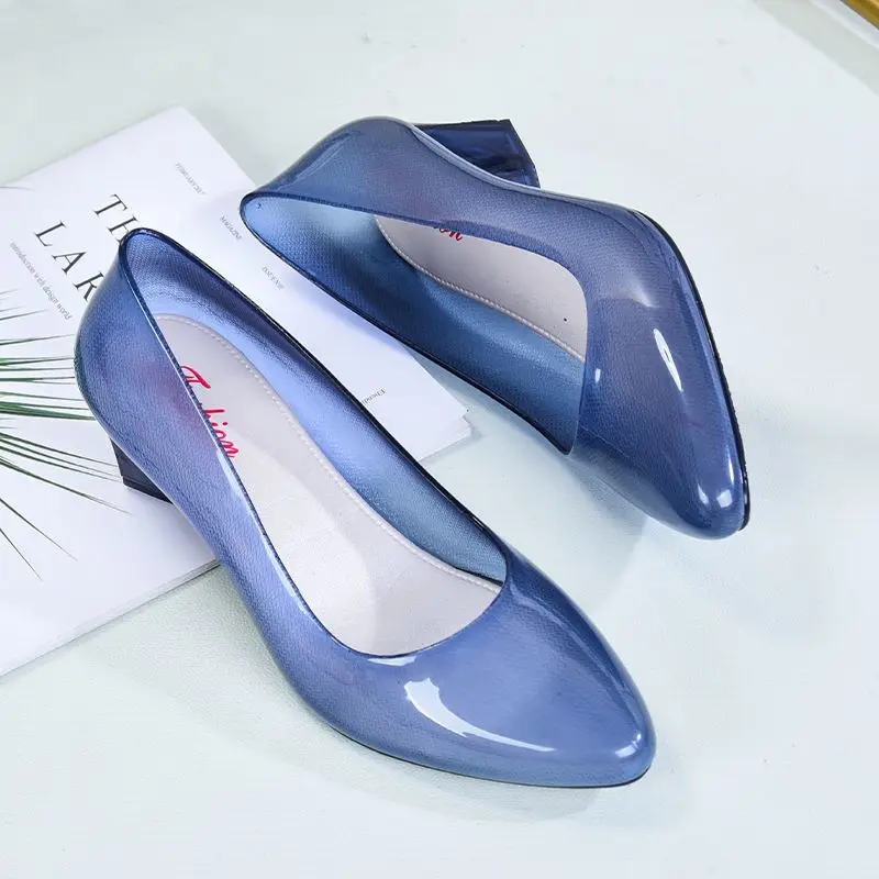 FHANCHU 2023 New Women Pumps,Soft PVC High Heels,Kitchen Crystal Work Shoes,Slip On,Pointed Toe,Black,Blue,Pink,Khaki,Dropship