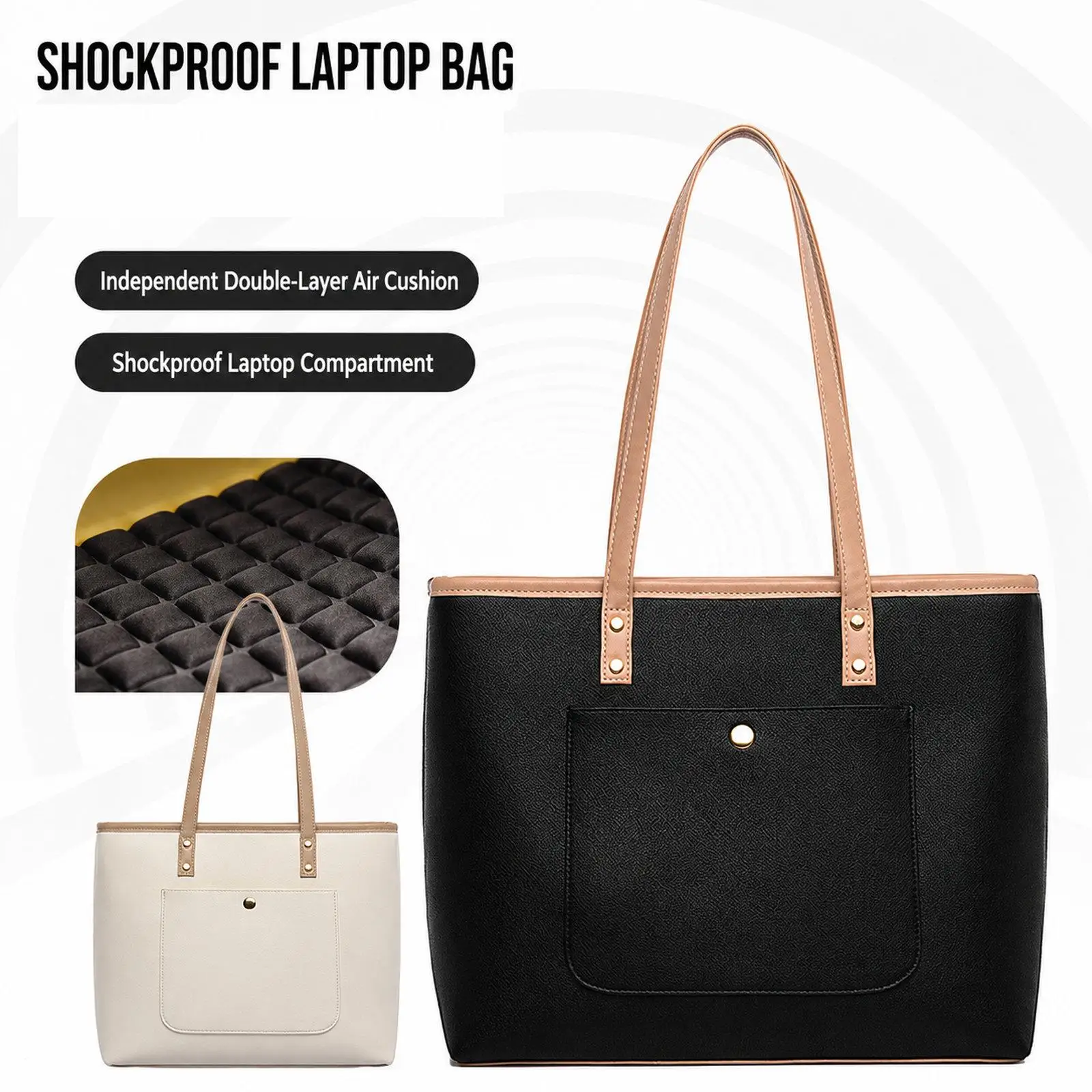 Women Laptop Tote Bag PU Leather Work Shoulder Bag, Size: 15.6/16 inch(Beige)