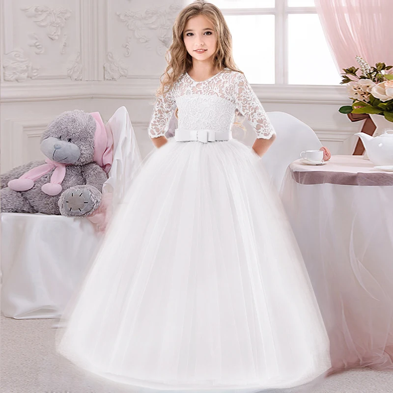 Teen Girl Formal Party Dress Bridesmaid Girl Flower Costume for Wedding Children White 1st Communion Princess Dress Gala Clothes