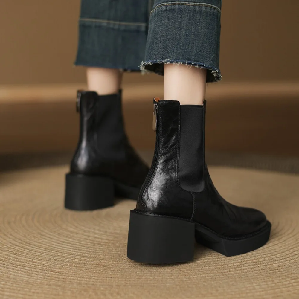 New Trend Autumn Winter Genuine Pork Leather Women Chelsea Boots High Block Heels Round Toe Slip on Ankle Boots(Black/Brown)