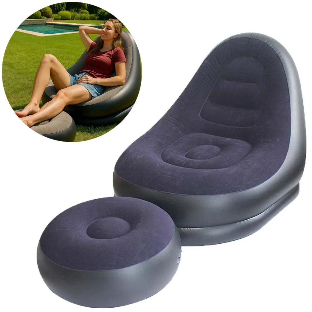 

Inflatable Camping outdoor Lounge Chair Folding Portable Lazy Sofa with Foot Stool Lazy Flocking Recliner Travel Chair