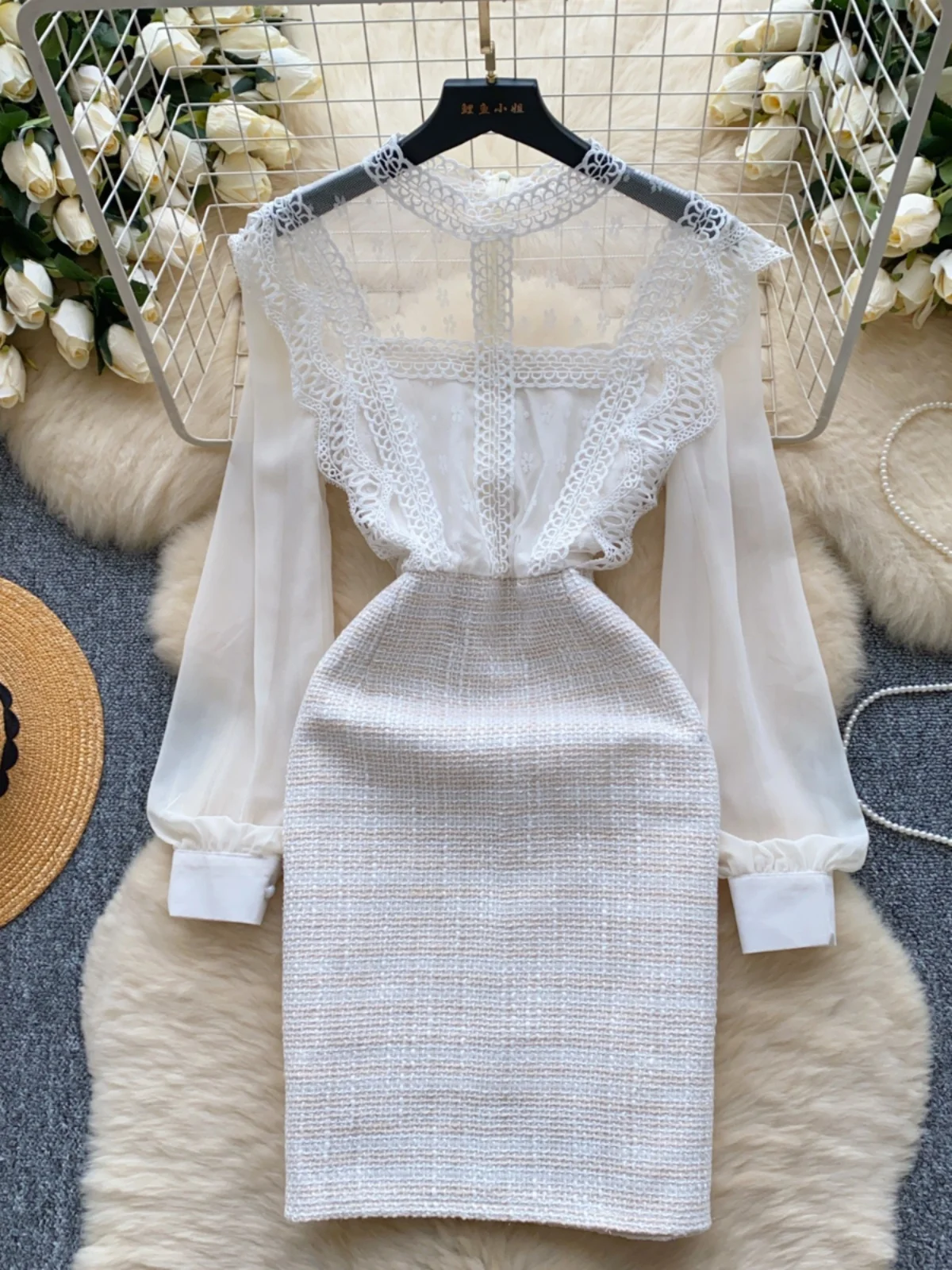 エレガントなメッシュ花柄刺繍Aラインミディドレス レディース 秋 ハイウエストデザイン スプライススリムスカート 韓国風通勤