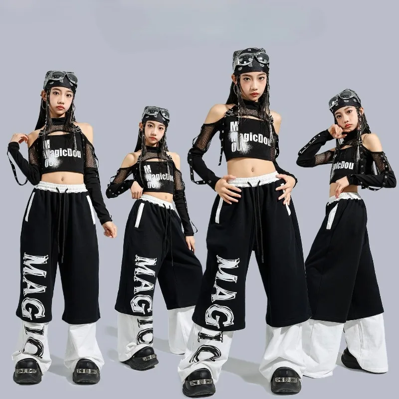 Hip Hop Girls Off Shoulder Crop Top Letters Dance Contrast Pants Kids K-pop Streetwear Costume Child Jazz Girl Group Clothes Set