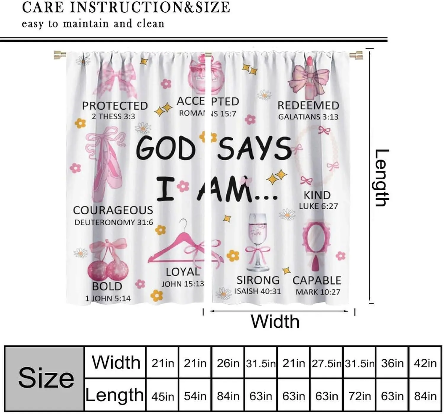 Pink Bow Beauty Bible Verse God Says I Am Print Blackout Rod Pocket Curtain Modern Luxury Elegant Living Room Rest Window
