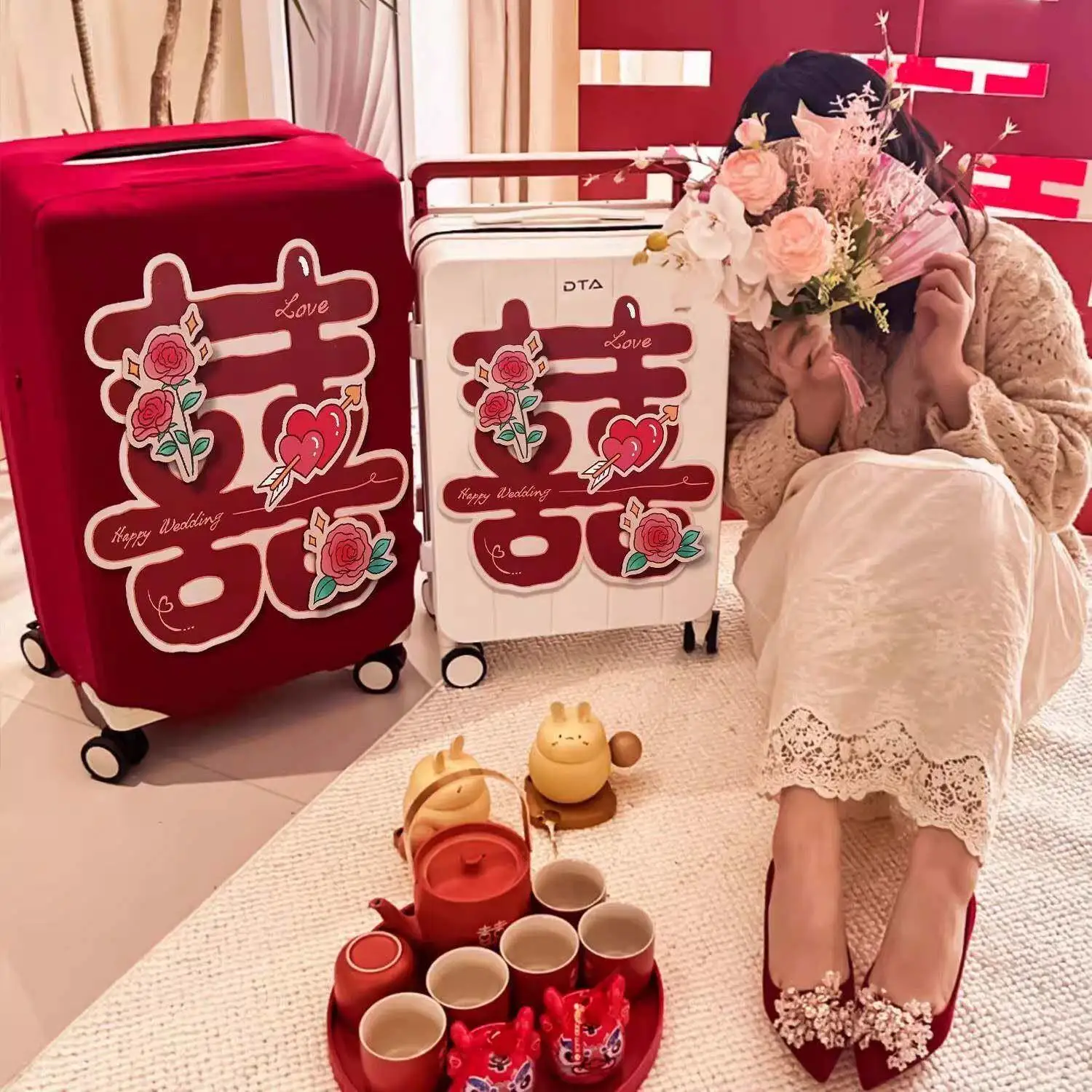 

Red Luggage Protector Cover Sticker 24 Inch Wedding Wide Pull Rod Leather Suitcase Decorative Outer Cover Box Cover