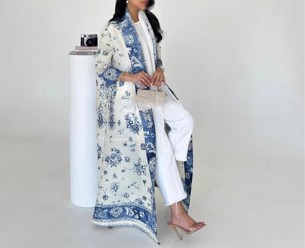 

Abaya Ethnic Style Print Pleated Long Cape Coat Women's Large Lapel Lace-up Cardigan Top Long 2025 Spring/Summer