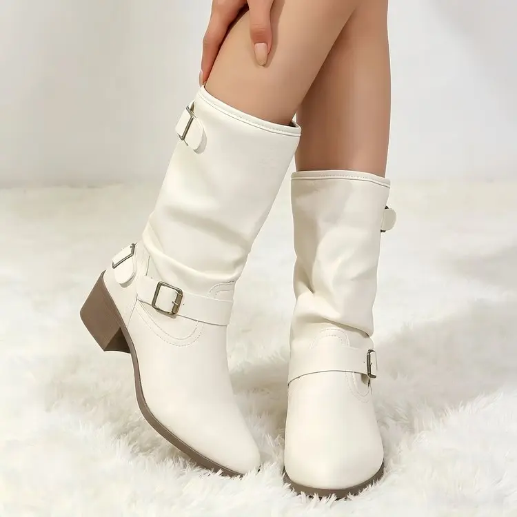 Weiße Westernstiefel mit Mehrfach-Schnallen, Rundem Zehenbereich und Blockabsatz für Damen – Detail 5