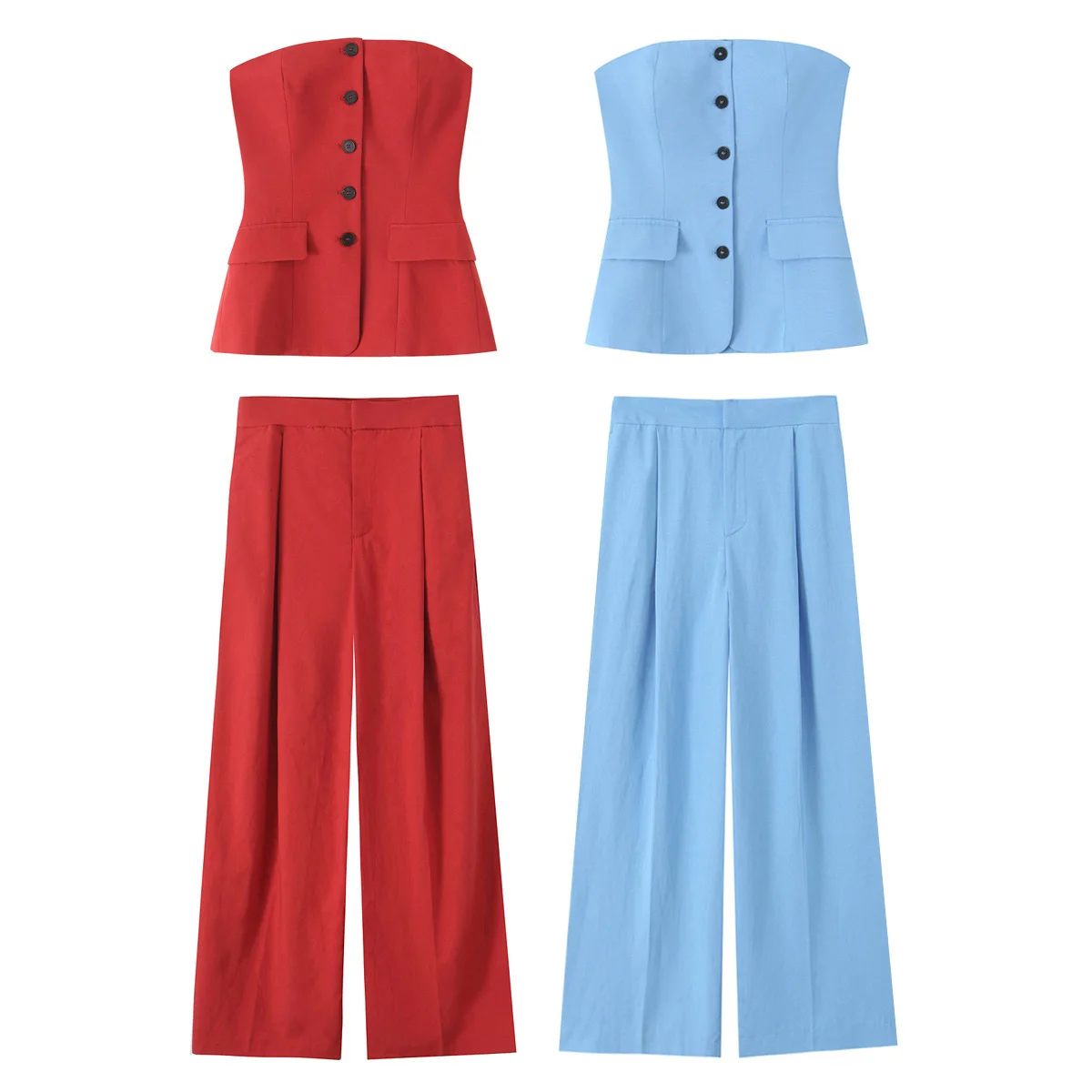 

2025 Summer New Women's Fashion Streetwear Suit Versatile Buckle Decoration Strapless Top High Waist Casual Pants Two Piece Set