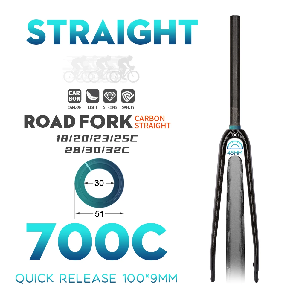 DODICI Road Fixed Gear Fork 700x32C 28.6MM Straight Tube Full Carbon Fiber Road Bike Full Carbon Front Fork