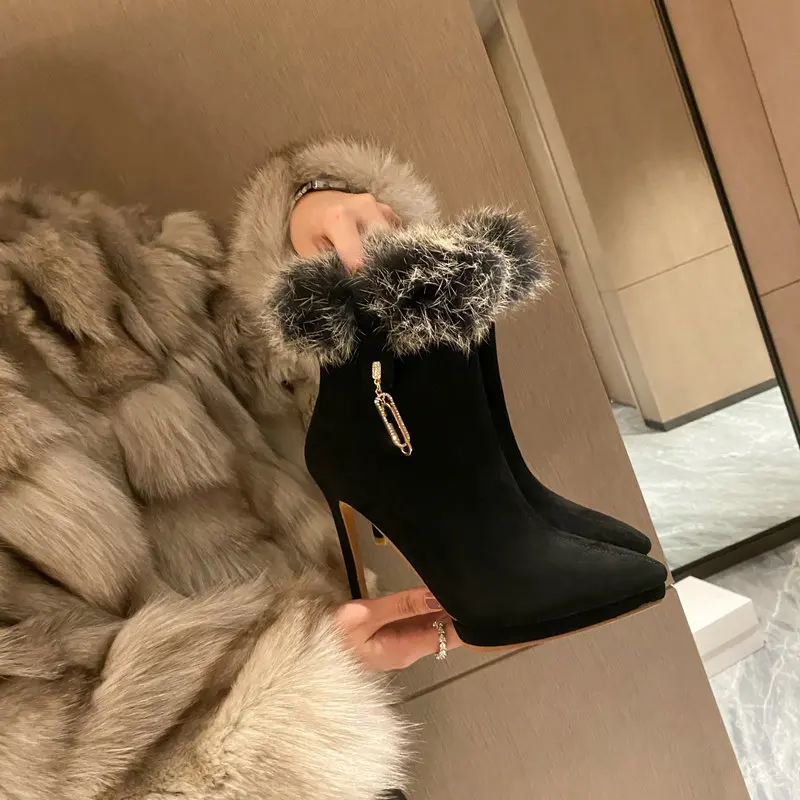 Pointy-toe Platform Sexy Ladies Stilettos Ankle Boots With Real Rabbit Fur Super Thin High Heels Winter Warm Women Shoes Pumps