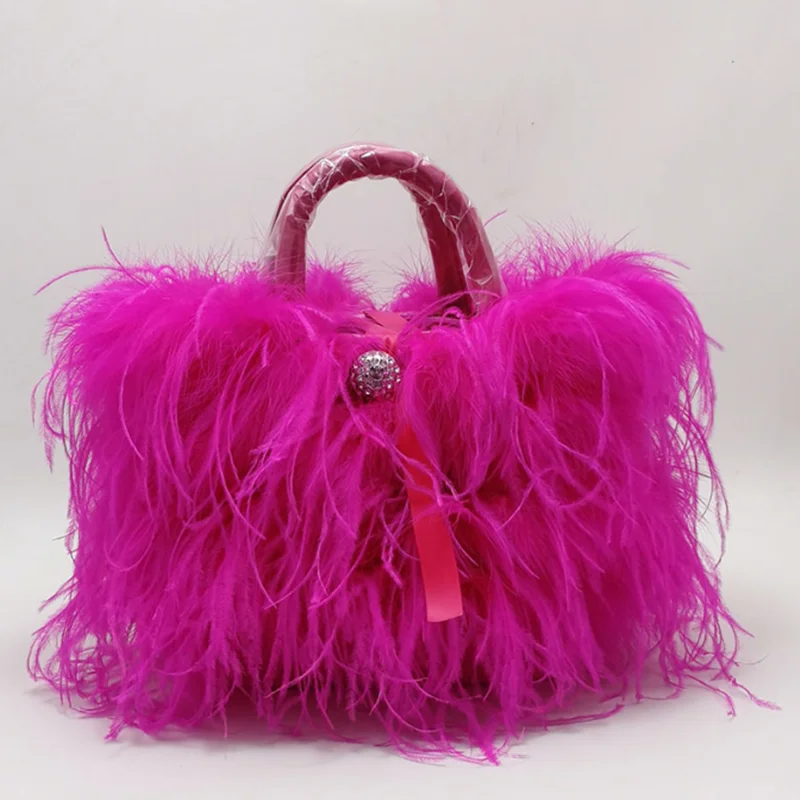 Luxury Fashion Ostrich Feather Party Evening Clutch Bag Women Wedding Purses and HandbagsShoulder Chain Designer Bag