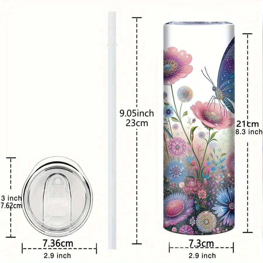 1pc 20oz Stainless Steel Vacuum Insulated Tumbler with 3D Floral Butterfly Print, Leak-Proof Lid & Straw - Spring Summer Outdoor Water Cup for Easter Mother’s Day Father’s Day Graduation Gifts, Outdoor Drinkware | Seasonal Drinkware | Stainless Steel Cup