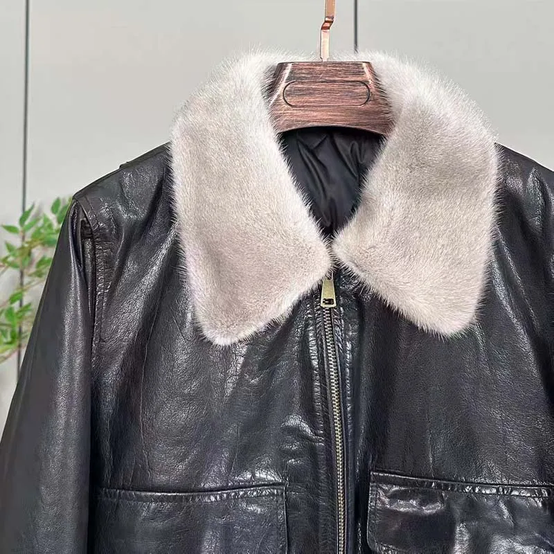 women coat winter new fashion short length lining is down jacket genuine leather Mink fur collar clothes thick warm