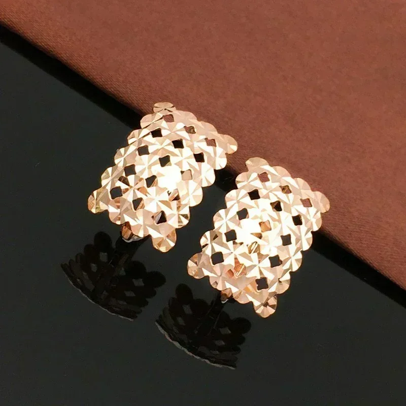 Plated 14K Rose golden Shiny Square Earrings for Women Cutout Design Classic Glamour Party Engagement Jewelry