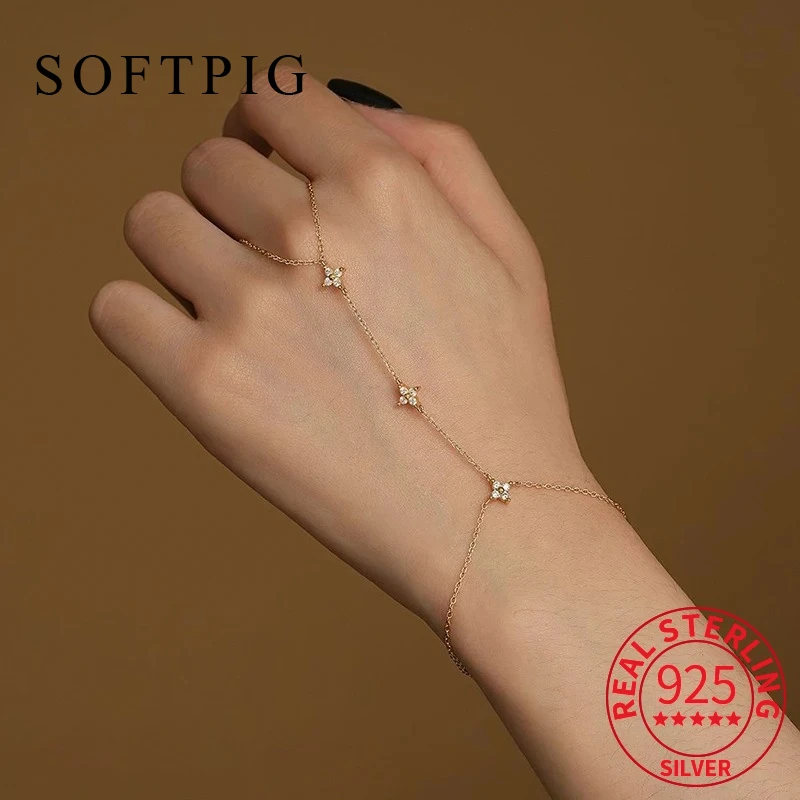 SOFTPIG ريال 925 فضة تألق الزركون البرسيم فنجر سلسلة سوار للنساء بوهيميا غرامة مجوهرات اكسسوارات النبات